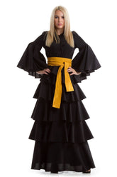 Elegant Black Layered Dress with Wide Belt  | Karanesh